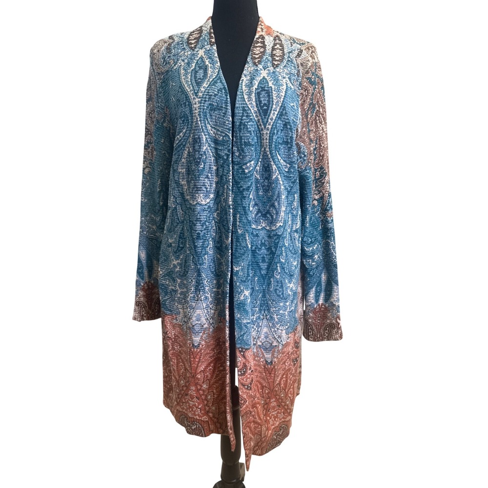 Womens Blue Copper Paisley Open Front Duster Cardigan Knit Longline Sweater Boho
